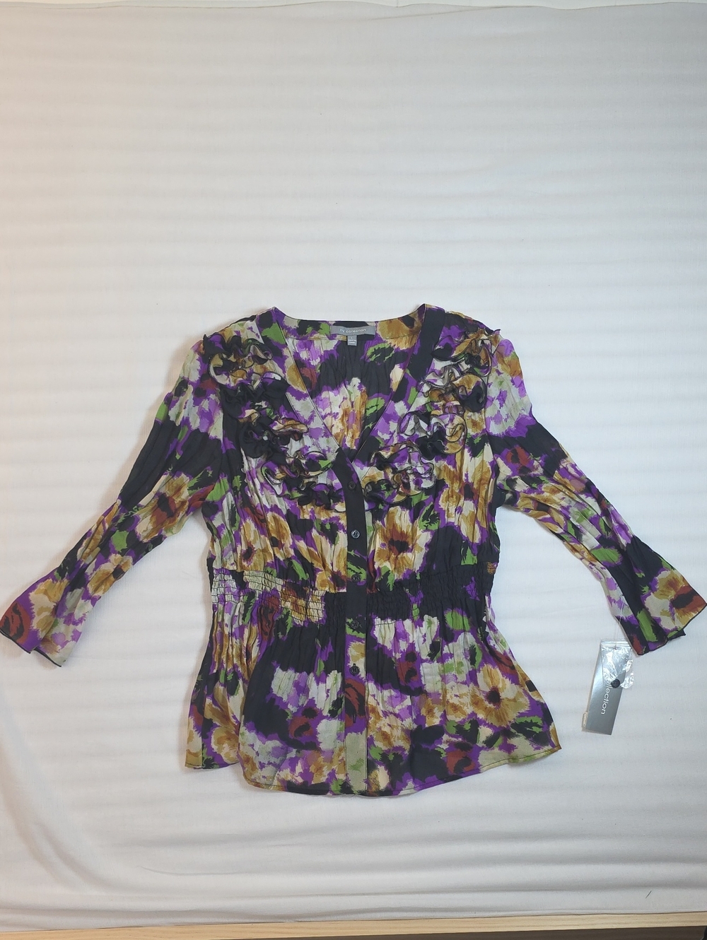 0818 NY Collection Purple Multi Floral Ruffle Button-Front Blouse; Large
